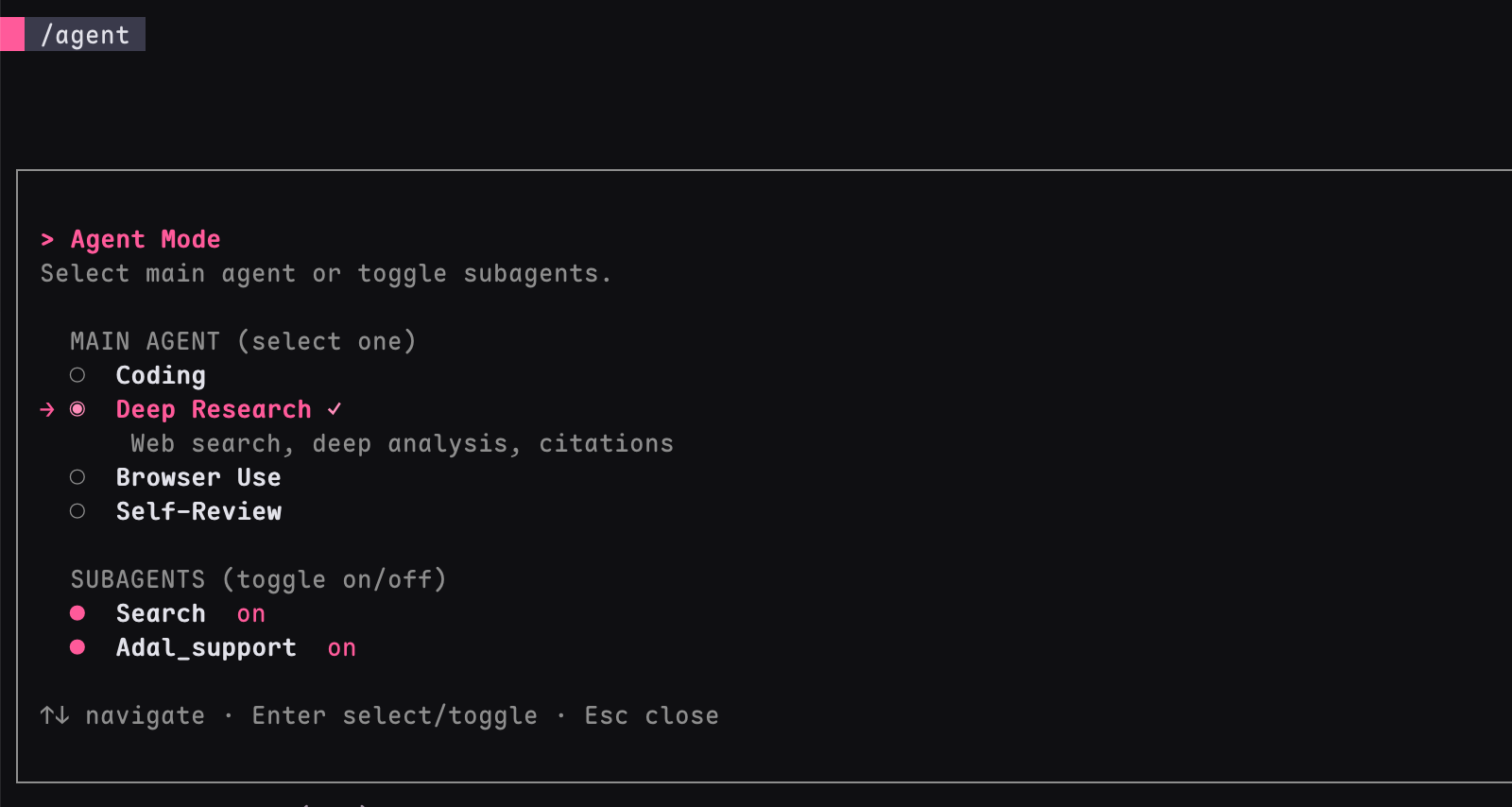 AdaL Agent Mode selector with Deep Research selected