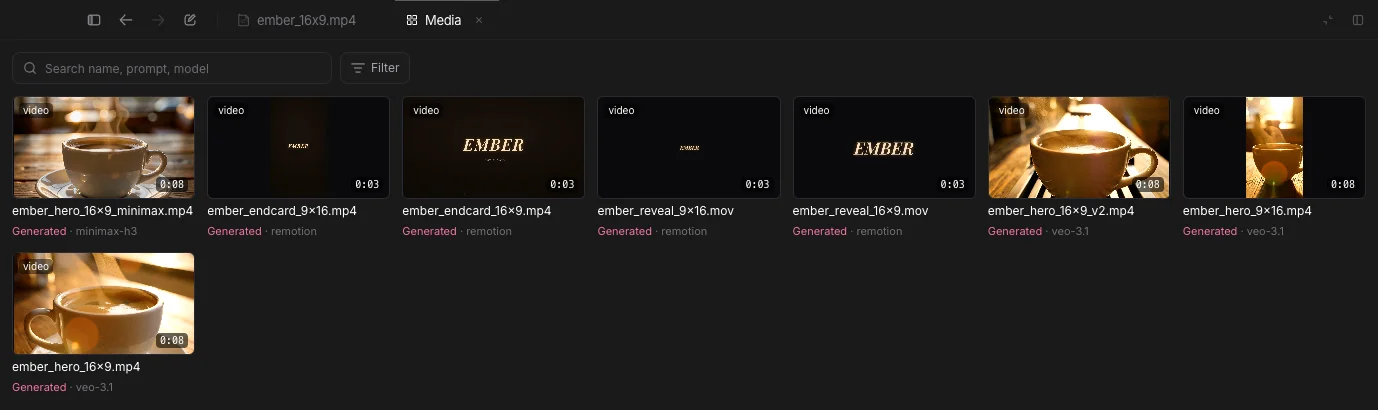 The Media tab with a grid of generated clips