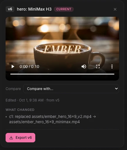 A version opened from the Canvas, with its preview, the changes and an Export button