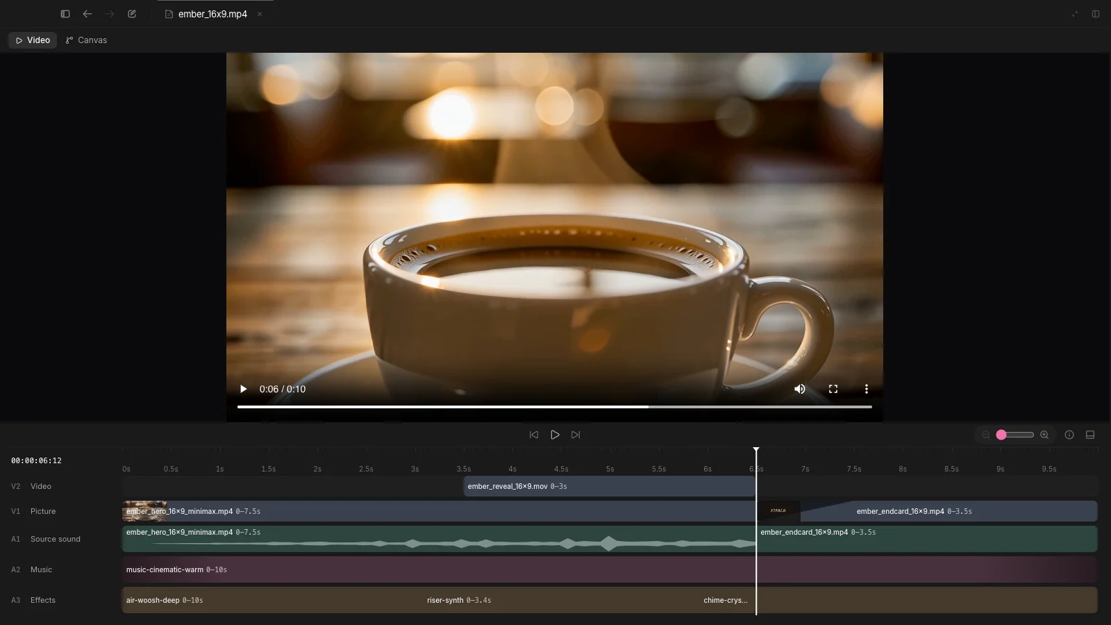 The video player with its timeline of picture, voice, music and effects tracks